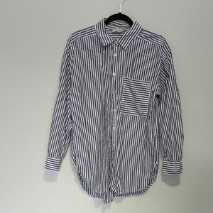 LOFT Women's Oversized Navy and White Striped Button-Down Shirt, M